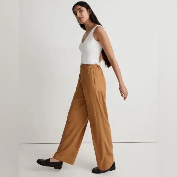 Madewell The Neale Straight-Leg Pleated Trouser Pant in Drapeweave in Toffee - Picture 5 of 13